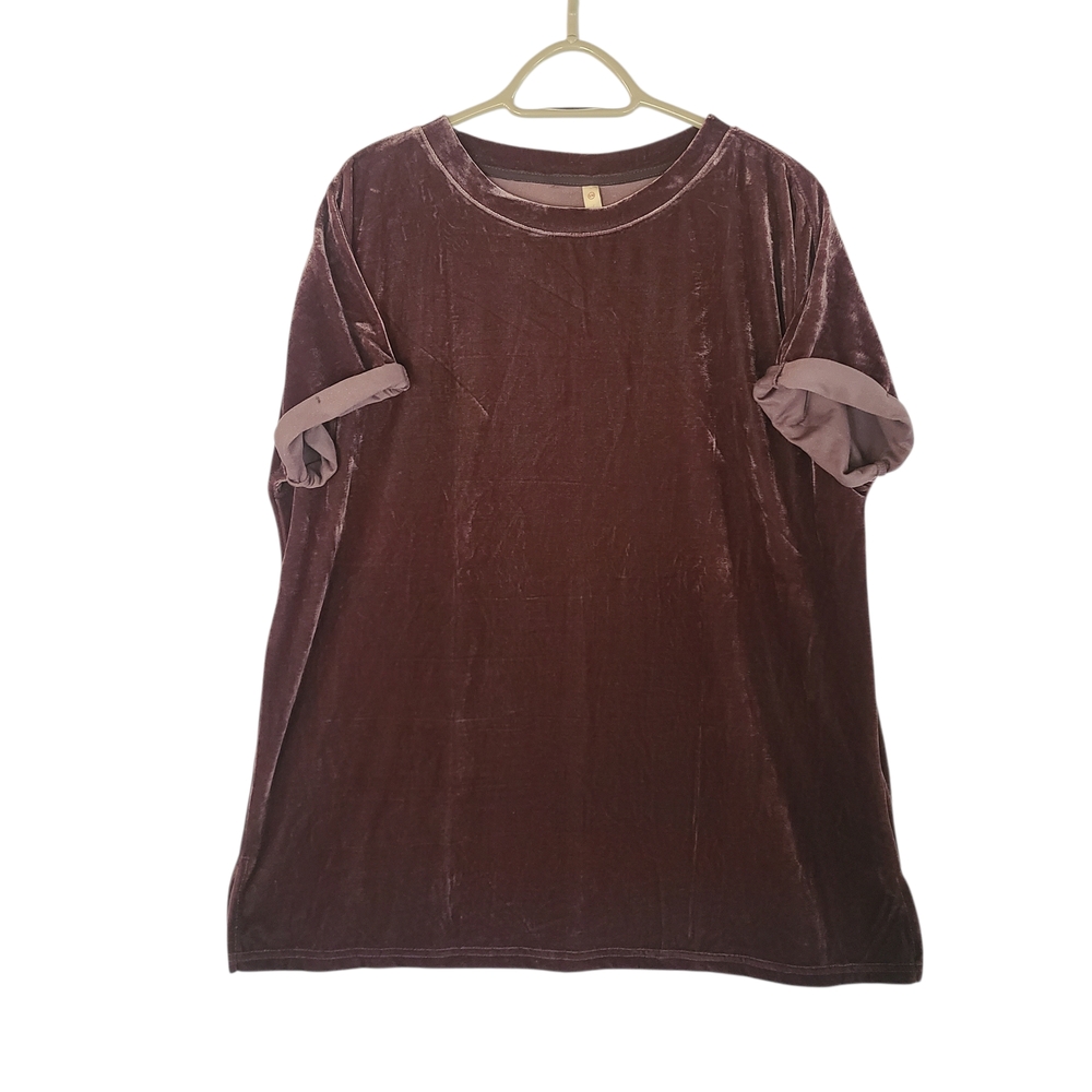 Wishlist Velour Top in Dark Brown. Rolled Short Sleeves Round Neck Size S/M